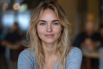 Obraz premium A woman with wavy blonde hair wearing a gray shirt exudes a subtle smile while sitting in a cozy indoor setting, capturing a serene and warm atmosphere.