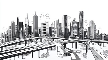 Black and White Urban Skyline with Bridges and Modern Architecture