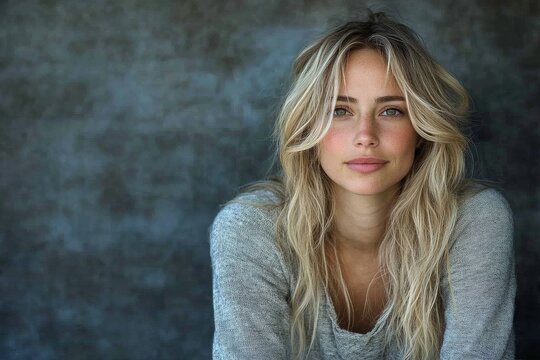 Portrait of a naturally beautiful woman with loose hair and a casual gray sweater, posing against a textured wall. The serene atmosphere exudes a sense of peace.