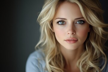 Fototapeta premium A blonde woman with flowing hair, radiating a soft and bright aura. Her delicate features are enhanced by a subtle glow, exuding charm and grace.