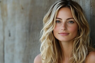 Naklejka premium A beautiful young woman with long, wavy blonde hair, smiles gently against a sunlit outdoor background, depicting warmth and natural beauty in a serene setting.
