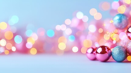 Pastel Christmas ornaments, bokeh lights, festive background; holiday card design