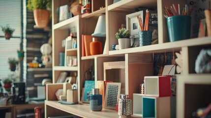Cozy home bookshelf filled with books and decor