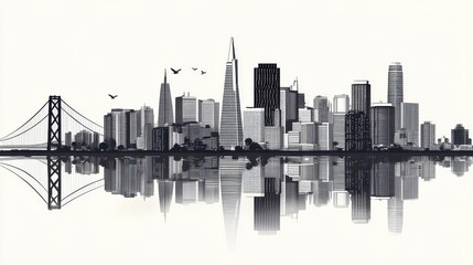 Black and White City Skyline Reflecting on Water Surface at Dusk