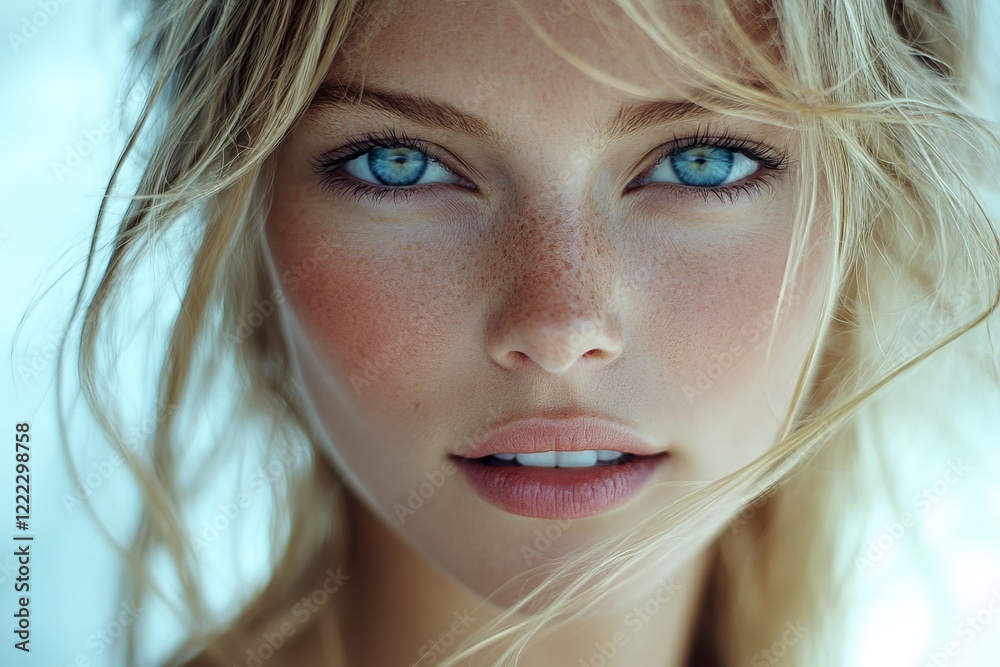 Poster a captivating close-up portrait of a woman with light blonde hair and striking freckles, creating an