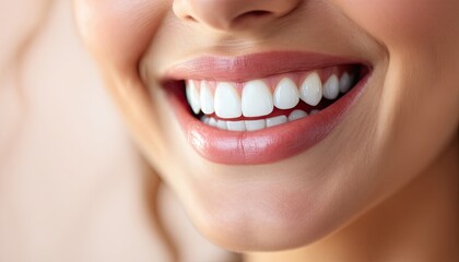 Fototapeta premium Close-up of a smiling caucasian female adult with white teeth