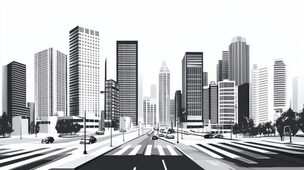 Black and White City Skyline Illustration with Urban Architecture Design