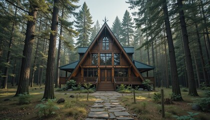 Rustic a-frame cabin in serene forest setting with stone pathway