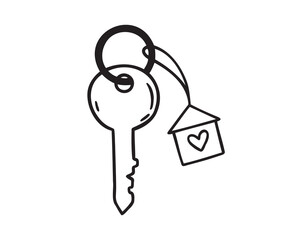 house key with heart doodle hand drawn icon. Outline drawing home key line clipart symbol