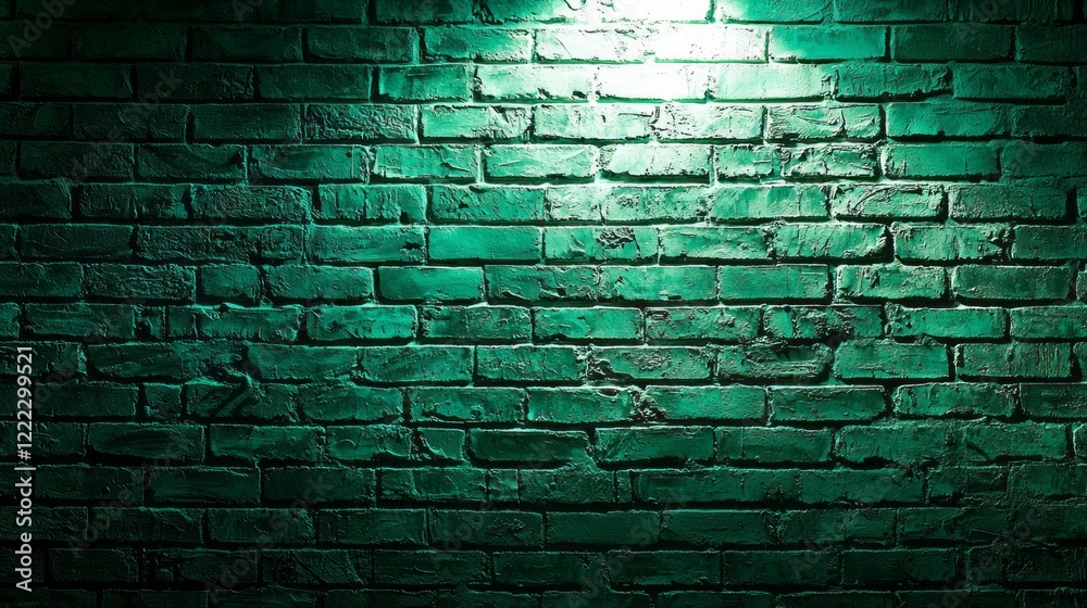 Poster a vibrant green brick wall glows under an overhead light, creating a striking contrast in an urban s