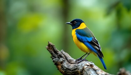 Naklejka premium Vibrant Yellow Blue Bird Perched On Wood Branch Green Background