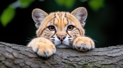 Cute bobcat kitten peering over tree branch, forest background, wildlife photography, nature stock image