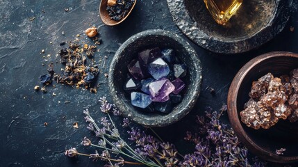 Overhead view of vibrant spices and herbs in rustic bowls