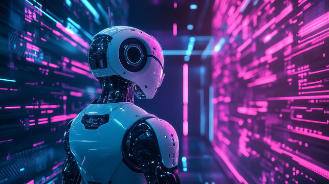 Technology cartoon web banner, artificial intelligence robot at neon glowing hud technological background with infinity symbol. Futuristic ai cyborg droid, robotics and automation Vector landing page