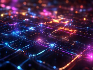 Obraz premium 3D Abstract Shapes with Neon Lights Forming a Grid Pattern in Vibrant Pink and Blue Colors, Futuristic Digital Background with a Tech Aesthetic