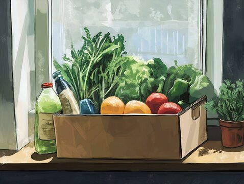 assorted fresh produce in a cardboard box, soft lighting, window light, kitchen setting, flatly