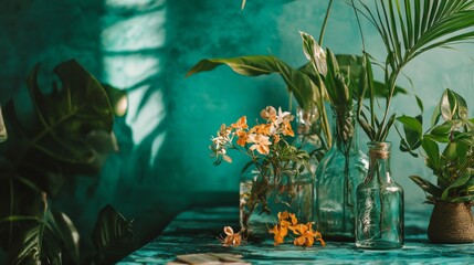 Floral arrangement in glass vases with green backdrop