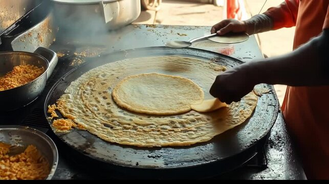 Freshly cooked dosa on a hot griddle.