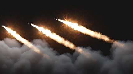 Rocket launch smoke trails set with glowing particles effects - upward paths from yellow or blue bright explosions to white smoky wisps on transparent background. Spaceship or missile flight effects.