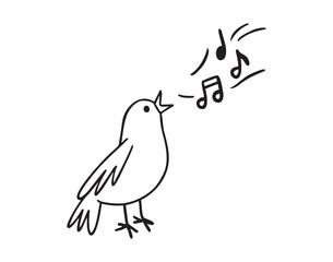 Bird nightingale singing doodle hand drawn icon. Outline drawing bird sing notes line clipart symbol