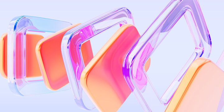 Abstract colorful 3d background with glass and plastic shapes render. Dynamic tech banner, transparent light holographic square frames with creative bright rainbow gradient rectangles. 3D illustration
