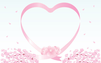 ギフト・プレゼントイメージの春の桜の花びらと空のお祝いリボンフレーム背景