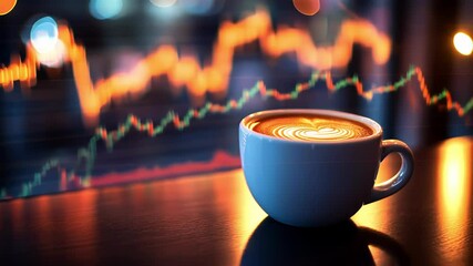 A warm cup of coffee with latte art in front of stock market graphs. - Powered by Adobe