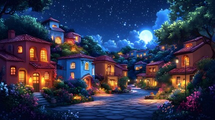 Charming Cartoon-Style Residential Complex at Night with Lively Gardens and a Starry Sky