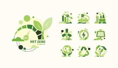 Net zero and carbon neutral concept. Net zero greenhouse gas emissions target. Climate neutral long term strategy with green net zero icons. Environment web banner with green city vector template.