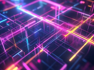 Obraz premium 3D Abstract Shapes with Neon Lights Forming a Grid Pattern in Vibrant Pink and Blue Colors, Futuristic Digital Background with a Tech Aesthetic