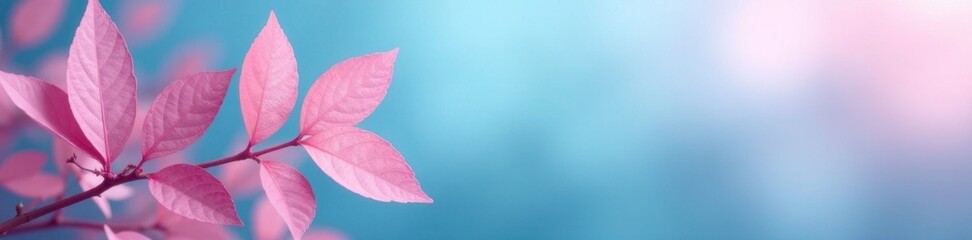 Obraz premium Pink leaves against a soothing blue gradient background, blue gradient, soothing ambiance, calming colors