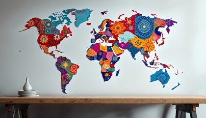 Colorful world map mural on wall above wooden table with decor
