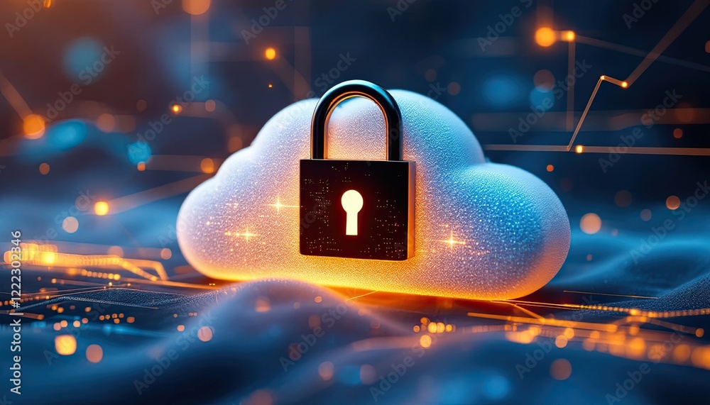 Poster secure cloud computing concept with digital lock and data connections