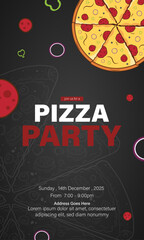Pizza party invitation vertical template design, Italian pizza with fresh vegetables vector illustration.
