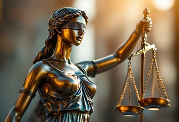 Obraz premium Bronze Lady Justice statue holding scales on blurred brown background. Legal system symbol of justice, law and order. Judiciary concept for courthouse, lawyer office and firm