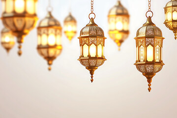 Obraz premium arabic lantern of ramadan celebration background, group of hanging Ramadan lanterns, white background, islamic, ramadan Kareem, eid mubarak, eid al adha, eid al fitr, 3d rendering, generative ai