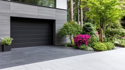 Fototapeta premium Modern home garage, lush landscaping, driveway. Real estate, architecture, home design