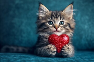 Ad visual idea. Cute maine coon young cat with sparkling rhinestones red heart - emblem of love, funny greeting card. Maine coon - my cherished cat. Cute pet. February 14 heart animal.