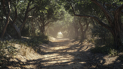 Naklejka premium Serene forest pathway illuminated by soft sunlight, surrounded by lush greenery and gentle shadows