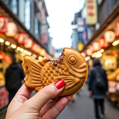 ahand holding a Taiyaki, its fish-shaped form,. The Taiyaki is filled with a rich chocolate hazelnut filling, in the street background