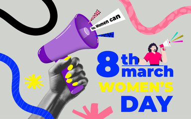 Modern halftone collage for international women's day, woman with woman hand hold megaphone. Banner template for feminism, protest, gender equality. Vector illustration