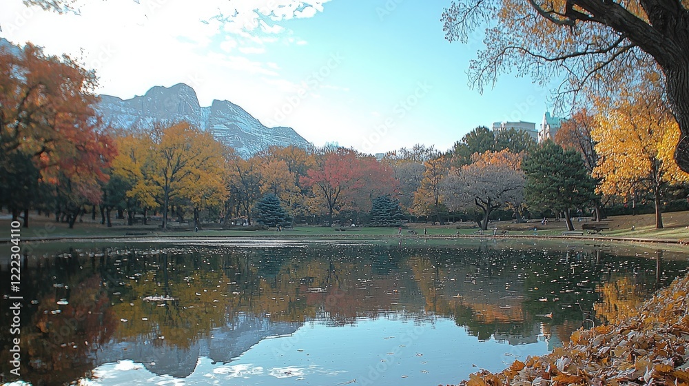 Poster a serene autumn landscape with a reflective lake surrounded by trees with colorful fall foliage.