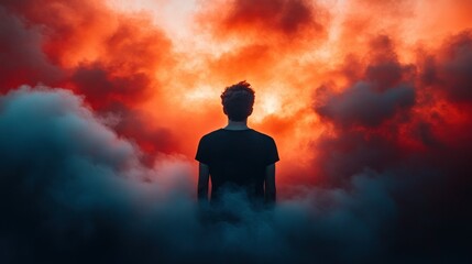 Obraz premium Solitary Figure Amidst Fiery Cloudscape: A Surreal Vision