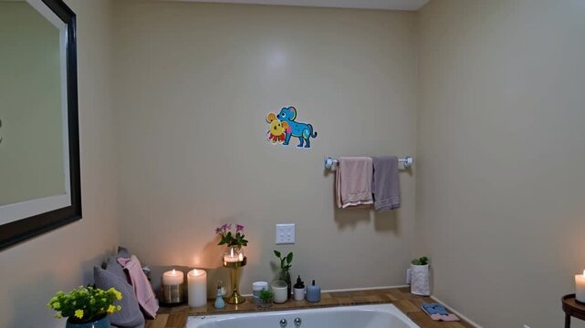time-lapse transformation of the bathroom, starting with a plain wall. Gradually apply the elephant sticker above the tub while adding small.