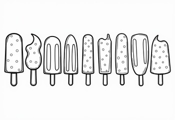 Monochrome Ice Pops Coloring Page, Simple Cute Animation, 9 Ice Pops, Minimalist Line Drawing, Flat Abstraction, Isolated on White, Flat Lay Design, Coloring Book, Cartoon Style.
