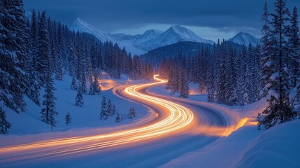 Long exposure photograph of a snow-covered road winding through a winter landscape at night