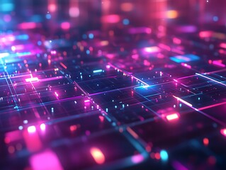Obraz premium 3D Abstract Shapes with Neon Lights Forming a Grid Pattern in Vibrant Pink and Blue Colors, Futuristic Digital Background with a Tech Aesthetic