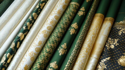 Elegant Fabric Rolls with Gold Embroidery on Green Background