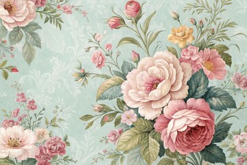 beautiful fantasy vintage wallpaper botanical flower bunch,vintage motif for floral print digital background.generative ai.