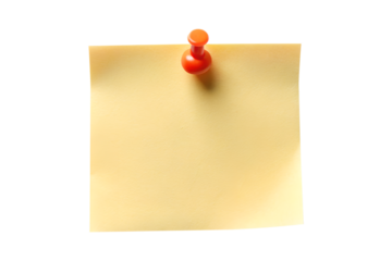 Realistic yellow sticky note with red pin on white background 